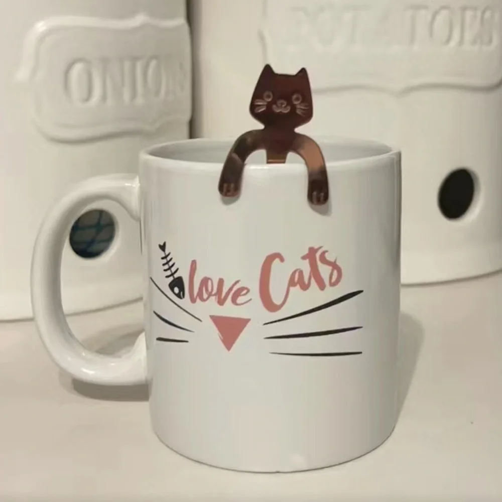 Cat Spoons Tea Spoons Stirrers Cup Hugging Kitty Cats Stainless Black 2 PC Set